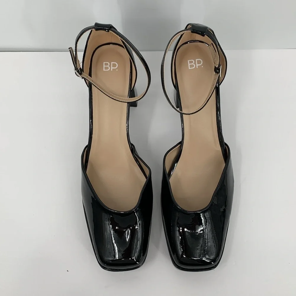 BP D'Orsay black patent pumps ankle strap chunky heel platform shoe Drag 14